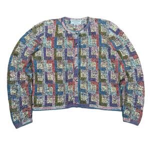 Vintage South Cotton Hand Knit Cardigan Women Multicolor Geometric Sweater Small